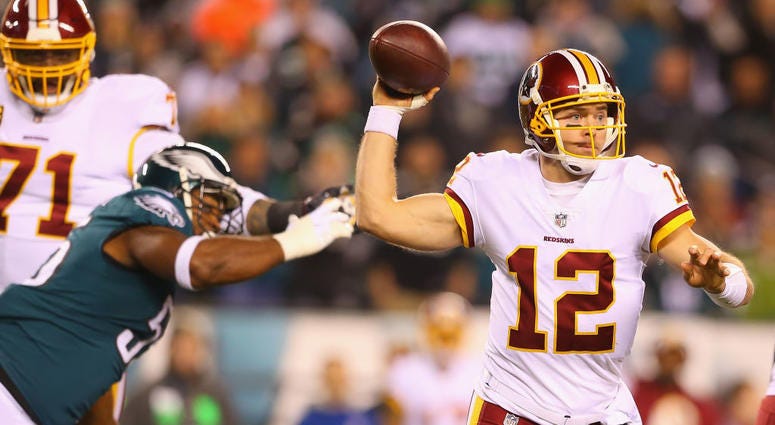 Colt McCoy throws a pass against the Eagles on Monday Night Football Colt_McCoy_Redskins