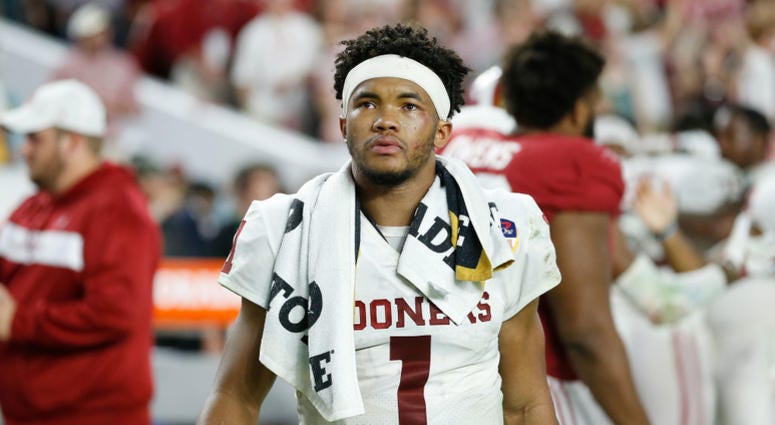 Oklahoma QB Kyler Murray reacts after losing to Alabama in the College Football Playoff Semifinal