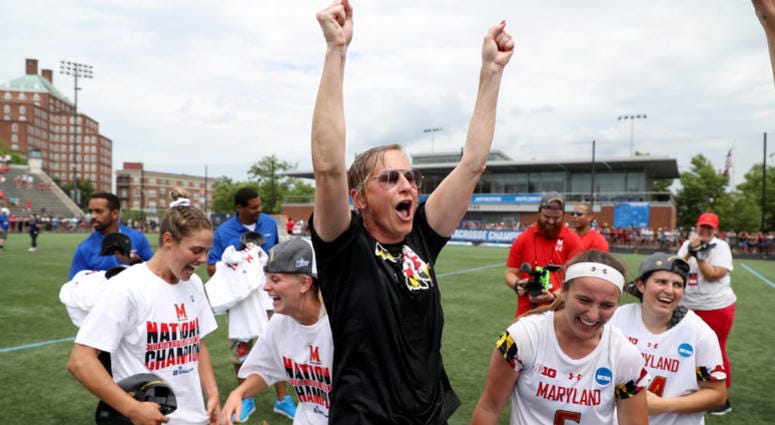 Maryland women's lacrosse coach Cathy Reese celebrates the Terps' win in the 2019 national championship game. Cathy_Reese