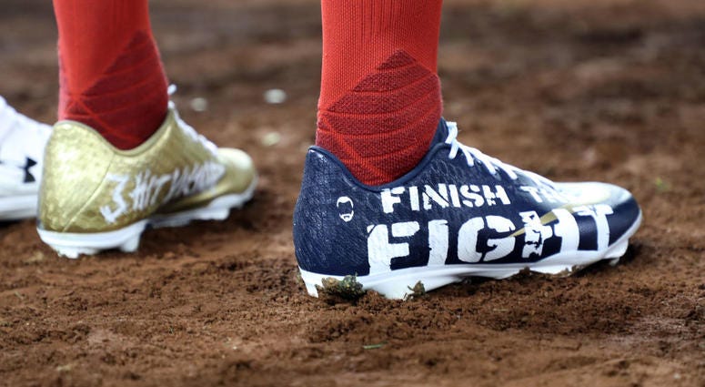 A view of the cleats worn by Victor Robles against the Astros in Game 4 of the 2019 World Series at Nationals Park. A view of the cleats worn by Victor Robles of the Nationals against the Houston Astros in Game Four of the 2019 World Series at Nationals Park.