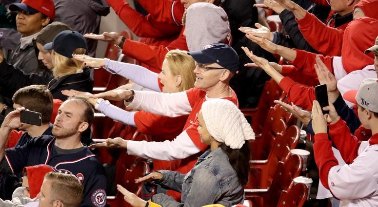 Baby Shark at the World Series. Fans cheer for Gerardo Parra of the Washington Nationals during the sixth inning in Game Four of the 2019 World Series.