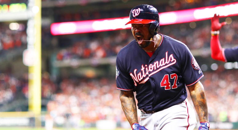 Howie Kendrick drove a 90-mph cutter into right field, changing Game 7 of the World Series and giving the Nats a 3-2 lead in the 7th inning. Howie Kendrick #47 of the Washington Nationals celebrates his two-run home run against the Houston Astros during the seventh inning in Game Seven of the 2019 World Series.