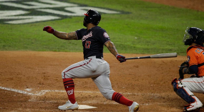 Howie Kendrick drove a 90-mph cutter into right field, changing Game 7 of the World Series and giving the Nats a 3-2 lead in the 7th inning. Howie Kendrick #47 of the Washington Nationals hits a two-run home run against the Houston Astros during the seventh inning in Game Seven of the 2019 World Series.
