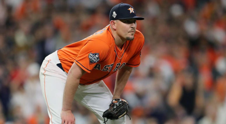 Will Harris of the Houston Astros reacts after allowing a two-run home run to Howie Kendrick Will Harris #36 of the Houston Astros reacts after allowing a two-run home run to Howie Kendrick (not pictured) of the Washington Nationals during the seventh inning in Game Seven of the 2019 World Series