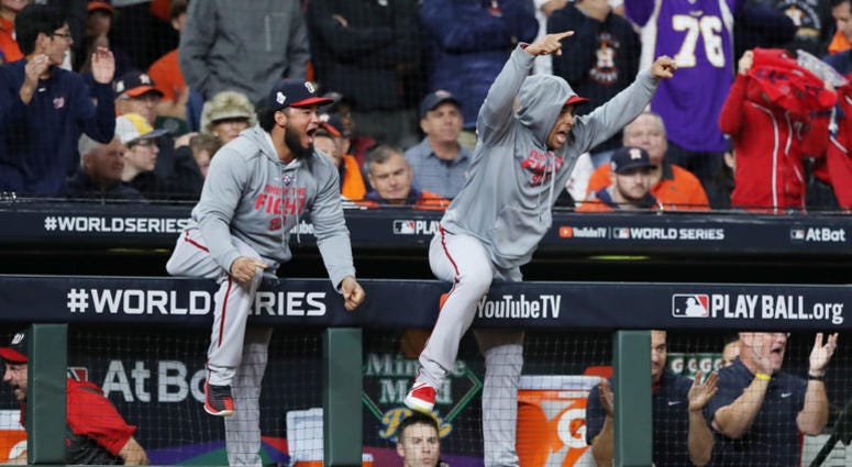 The Nationals celebrate a 3-2 lead after Kendrick's blast in the 7th. The Washington Nationals celebrate a two-run home run by Howie Kendrick (not pictured) against the Houston Astros during the seventh inning in Game Seven of the 2019 World Series.