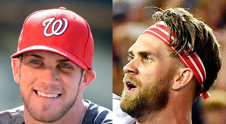 Bryce Harper through the years, as a rookie in 2012 (left) and winning the 2018 HR Derby Bryce_Harper_2012_2018