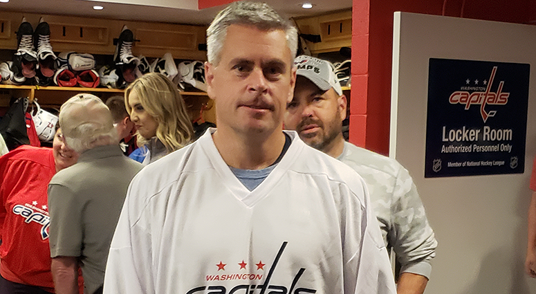 JP Flaim gets his game face on before taking the ice at MedStar Capitals Iceplex Capitals Media Fantasy Camp