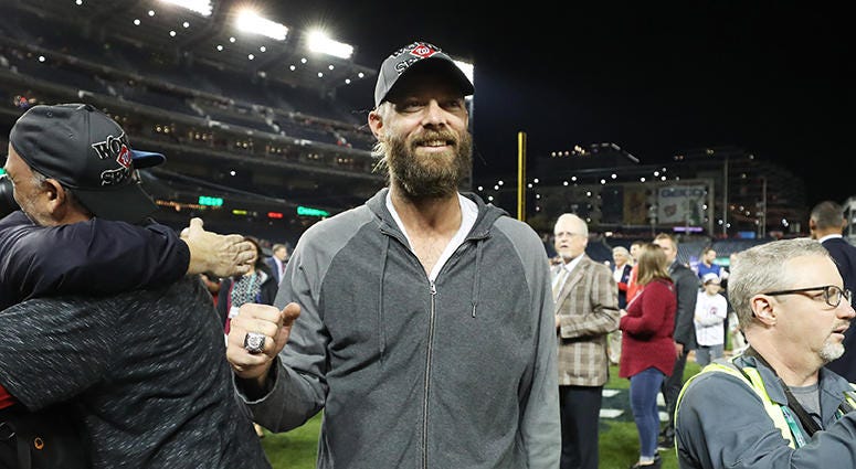 Former National Jayson Werth on hand as the team celebrates winning the National League pennant Jayson Werth