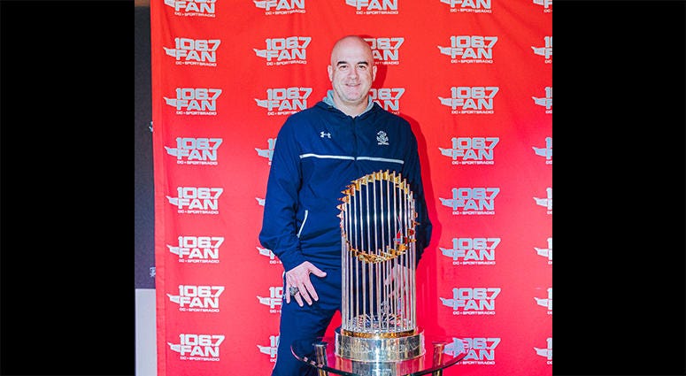 106.7 The Fan's Pete Medhurst poses with the Commissioner's Trophy 106.7 The Fan's Pete Medhurst poses with the Commissioner's Trophy