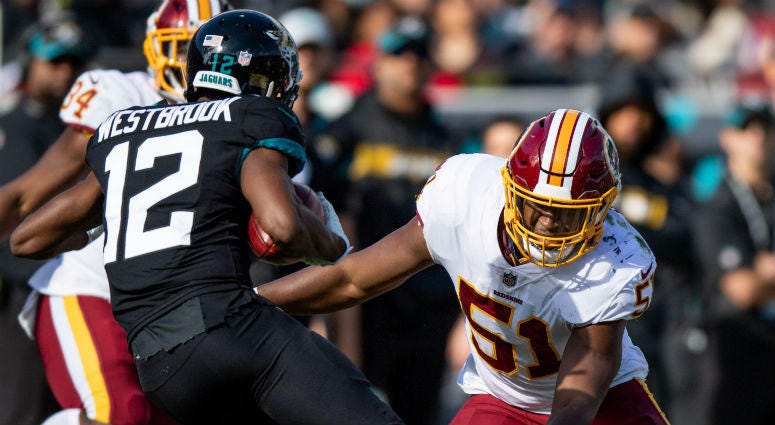 Question 9: Who's the odd-man out at middle linebacker? Redskins LB Shaun Dion Hamilton tries to tackle Jaguars WR Dede Westbrook.