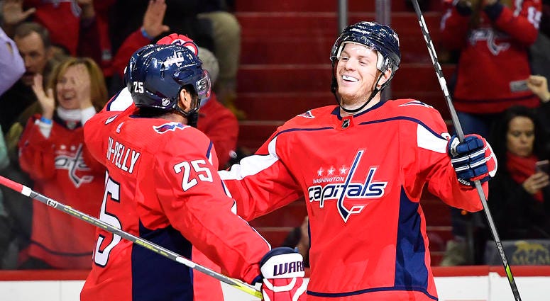 John Carlson gets congratulated by teammate Devante Smith-Pelly after scoring a goal Caps surprise youth hockey team that defended teammate against racism