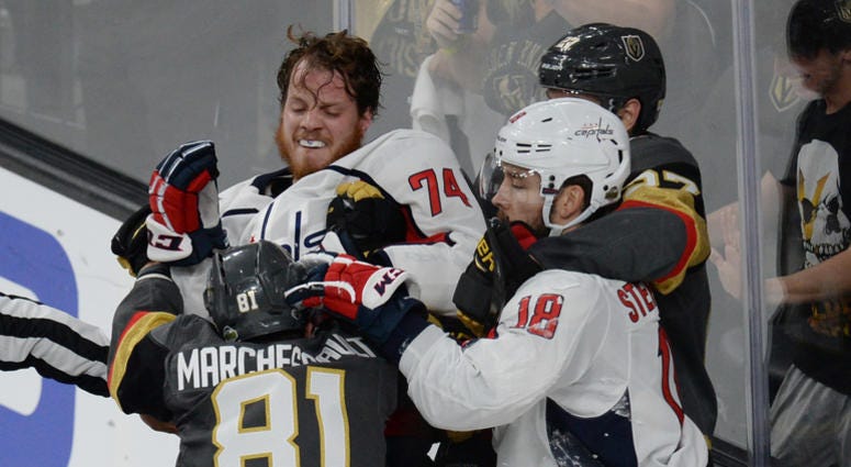 Chandler Stephenson and John Carlson tangle with Jonathan Marchessault in Game 5 of the Stanley Cup Final. This was not Stephenson's first hockey fight. Chandler_Stephenson_John_Carlson_Jonathan_Marchessault_Game_5