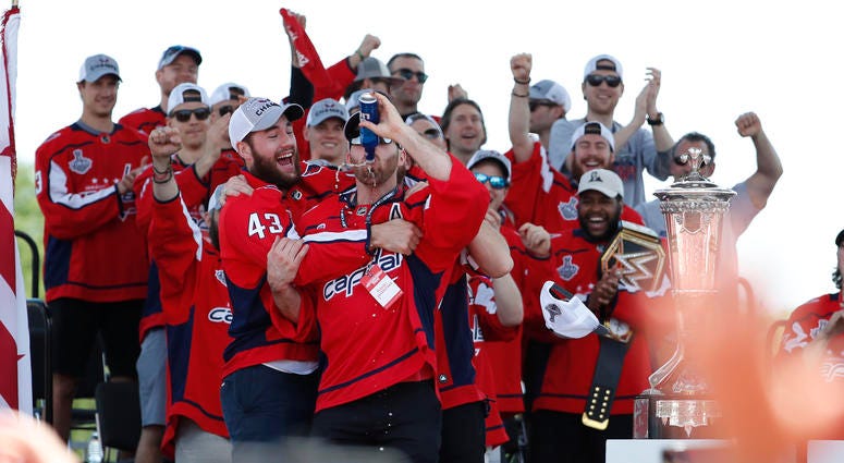Brooks Orpik hugged by Tom Wilson as Caps celebrate Stanley Cup title Brooks_Orpik_Capitals