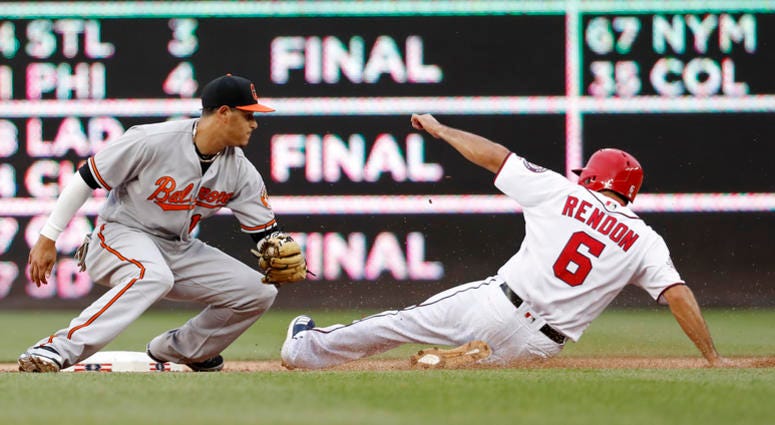 Anthony Rendon tries to slide past the tag of Manny Machado during a Naitonals-Orioles game in 2018. Orioles_Nationals