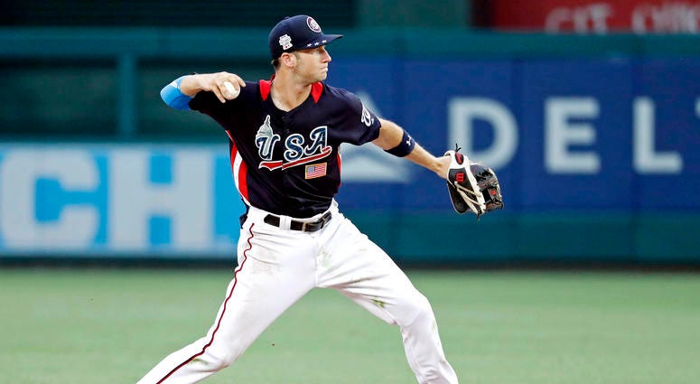 Nats prospect Carter Kieboom turns a double play in the 2018 MLB Futures Game Carter_Kieboom_Futures_Game