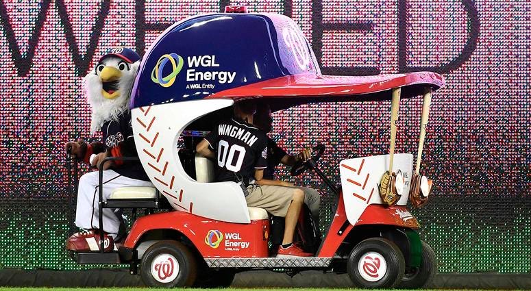 Nationals mascot Screech sits in the WGL Energy bullpen cart Nationals_Bullpen_Cart