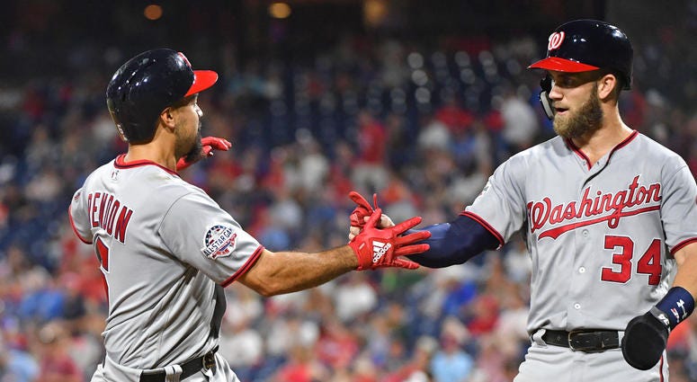 Anthony Rendon celebrates a two-run homer with Bryce Harper Anthony_Rendon_Bryce_Harper