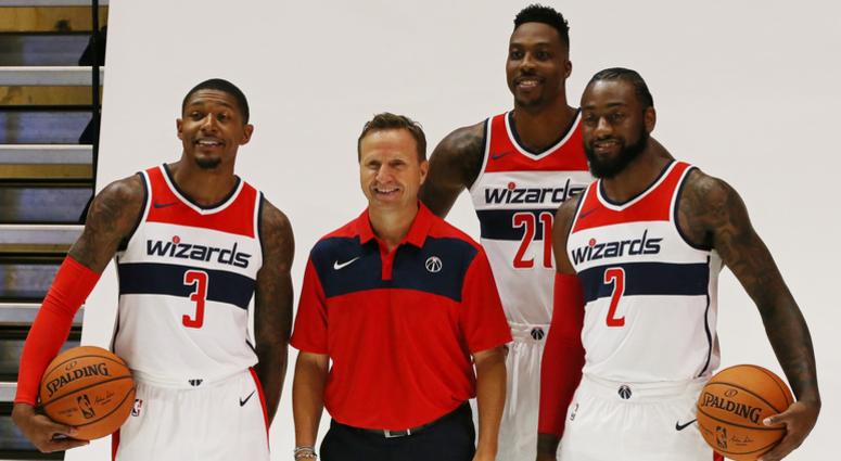 Bradley Beal, Scott Brooks, Dwight Howard and John Wall pose for a photo at Wizards media day in September John_Wall_Scott_Brooks