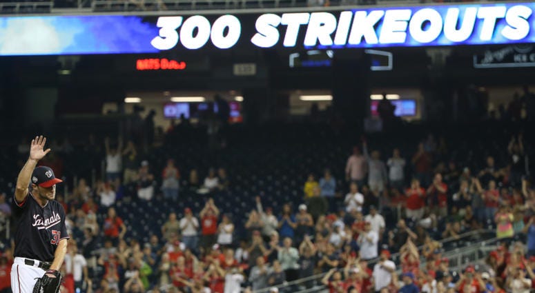 Max Scherzer waves to the crowd after recording his 300th strikeout Max_Scherzer_300th_strikeout