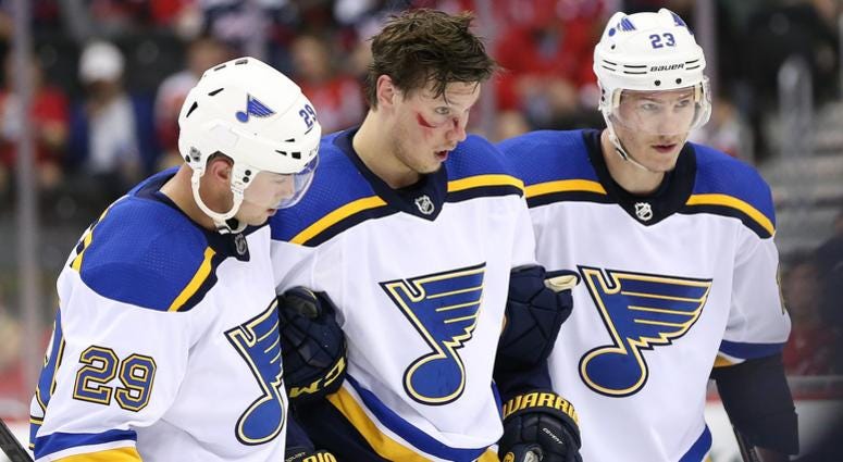 St. Louis Blues center Oskar Sundqvist, injured by a Tom Wilson hit. blues_wilson_nhl