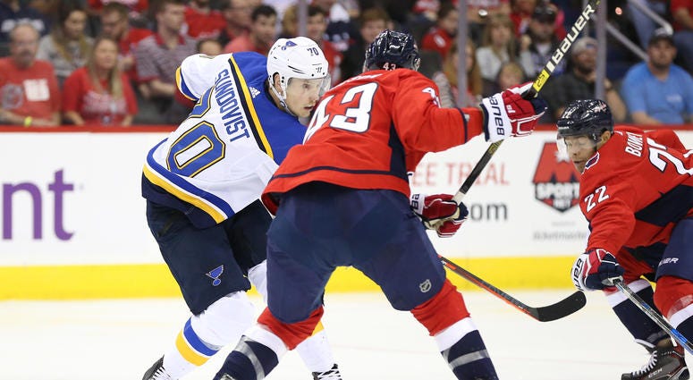 Tom Wilson checks the Blues' Oskar Sundqvist. Tom_Wilson_Check