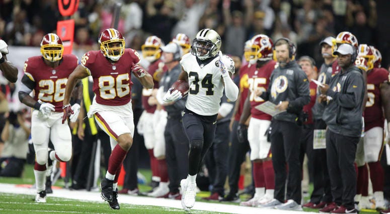 The Saints run back a Redskins interception on Monday Night Football. Redskins_Jordan_Reed