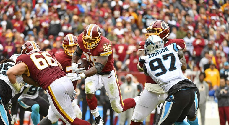 Adrian Peterson runs through the line against Carolina. Adrian_Peterson_Redskins