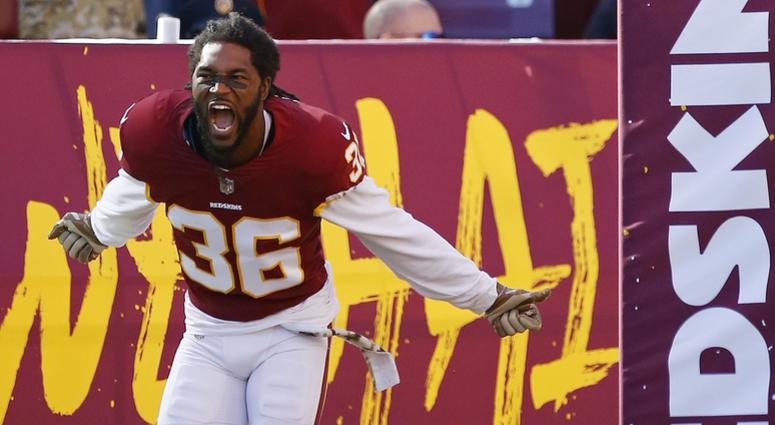 D.J. Swearinger runs onto the field before a Redskins game. dj-swearinger-yelling