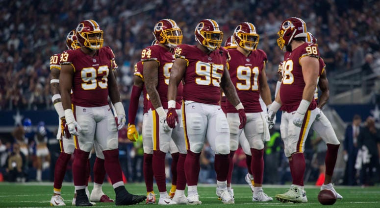 The Redskins defense lines up for a play. Redskins_Defense