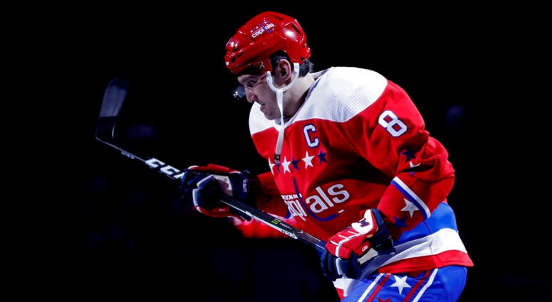 Alex Ovechkin takes the ice in a game against the Carolina Hurricanes Alex Ovechkin scored on the power play in Game 1 of Stanley Cup Playoffs.