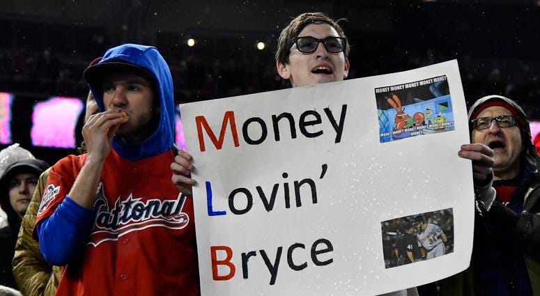 Nationals fans when Bryce Harper returned to Nats Park. Nationals fans greet Bryce Harper on his return to D.C.