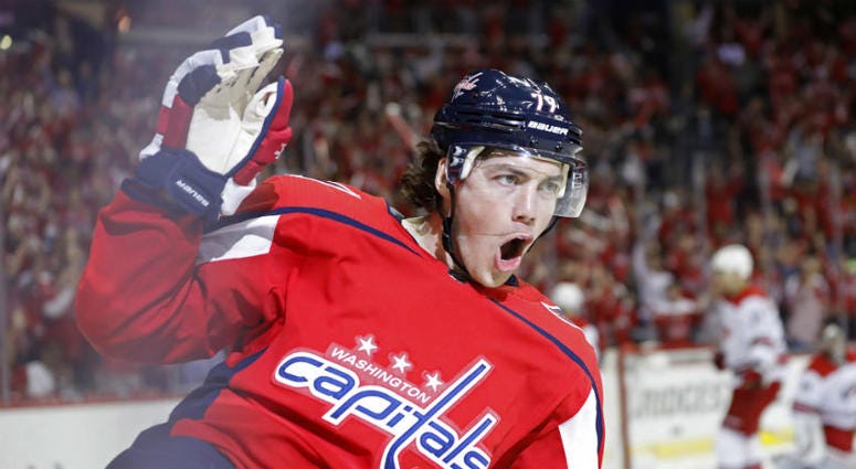 Capitals forward T.J. Oshie celebrates his goal in Game 2. T.J. Oshie got the Capitals off to a hot start in Game 2 vs. the Hurricanes.