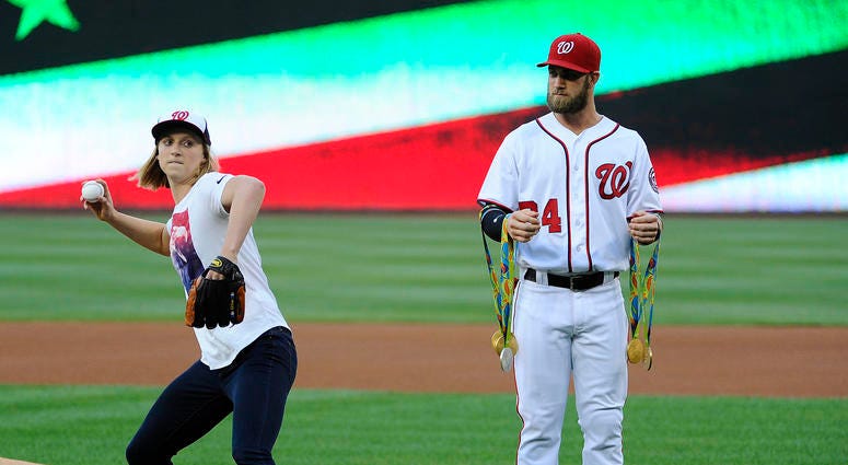 Olympic gold medalist Katie Ledecky throws out the first pitch at Nats Park Katie_Ledecky_First_Pitch