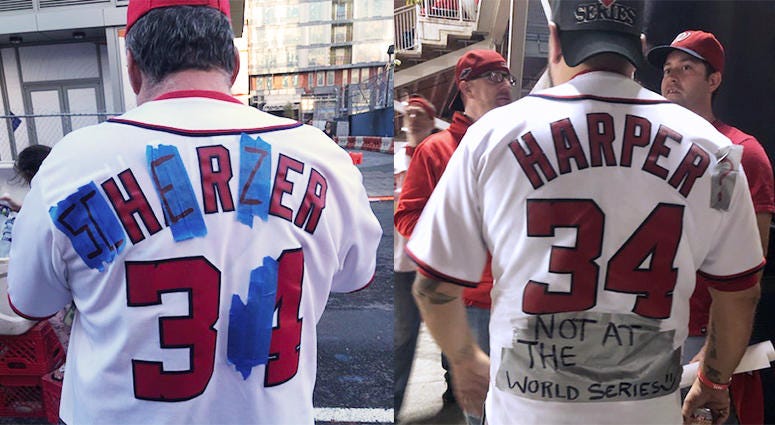 Sorry, Bryce. Baseball fans transform their Bryce Harper jerseys for the World Series. Harper signed with the rival Phillies in the offseason.