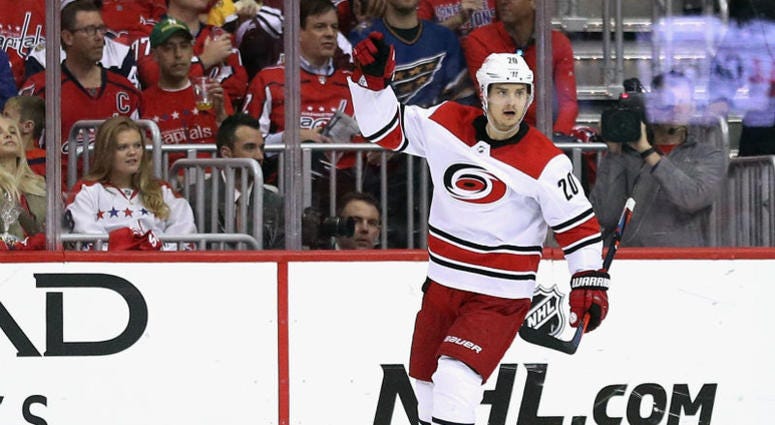 Sebastian Aho celebrates after scoring a short-handed goal on Braden Holtby in the second period Game 7: Hurricanes come to life in second period