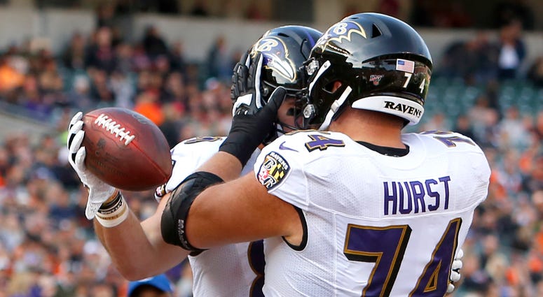 Offensive guard James Hurst celebrates with Mark Andrews in Cincinnati