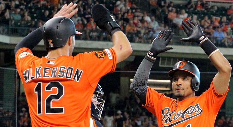 Orioles outfielder Steve Wilkerson celebrates with Richie Martin