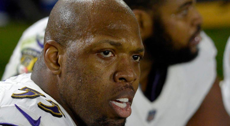 Dec 22, 2018; Carson, CA, USA; Baltimore Ravens outside linebacker Terrell Suggs (55) looks on during the second quarter against the Los Angeles Chargers at StubHub Center.