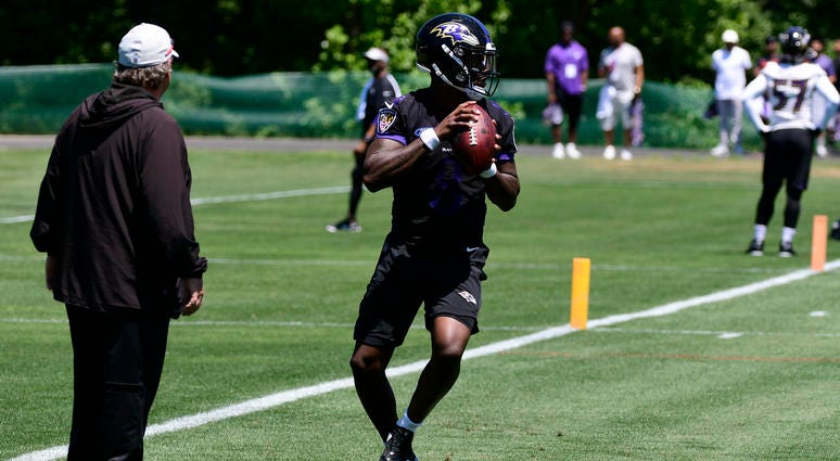 Marty Mornhinweg Watches Rookie Lamar Jackson Drop Back In Training Camp