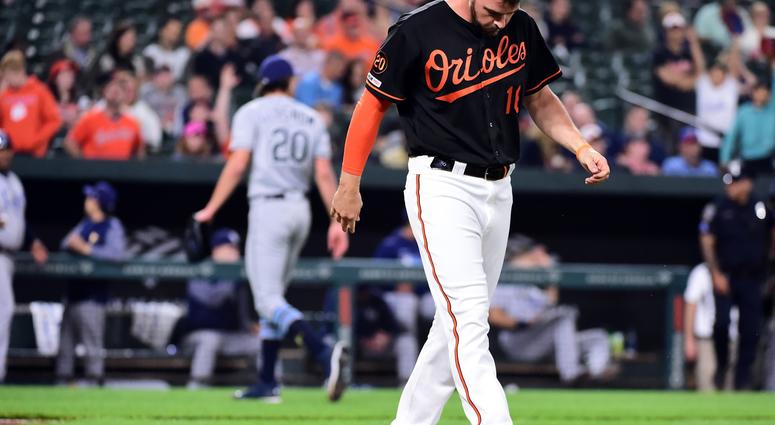 May 3, 2019; Baltimore, MD, USA; Baltimore Orioles outfielder Trey Mancini (16) reacts after striking out in the sixth inning against the Tampa Bay Rays at Oriole Park at Camden Yards.