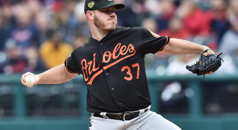 May 17, 2019; Cleveland, OH, USA; Baltimore Orioles starting pitcher Dylan Bundy (37) throws a pitch during the first inning against the Cleveland Indians at Progressive Field.