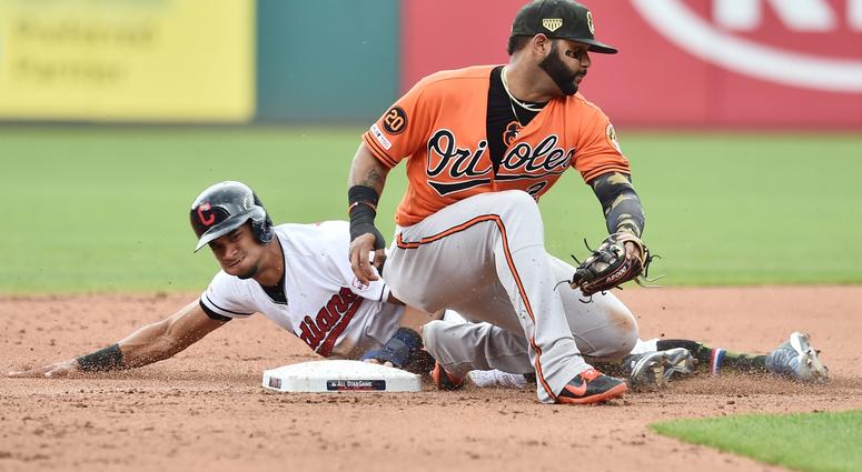 Cleveland Indians right fielder Oscar Mercado (35) is caught stealing by Baltimore Orioles shortstop Jonathan Villar (2) during the fourth inning at Progressive Field.
