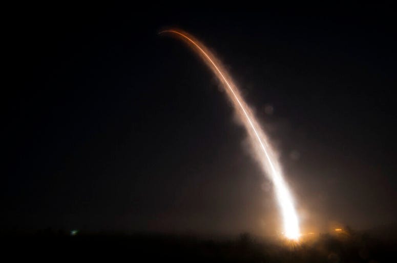 Unarmed Minuteman III intercontinental ballistic missile launches during an operational test on May 1, 2019. United_States_Air_Force_Missile_Test