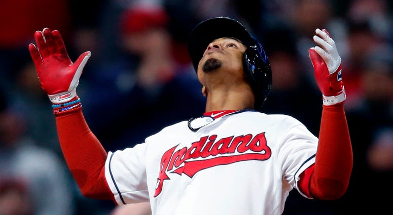 Cleveland Indians' Francisco Lindor celebrates after hitting a solo home run off Chicago Cubs starting pitcher Jon Lester during the sixth inning in a baseball game Wednesday, April 25, 2018, in Cleveland. Cleveland Indians' Francisco Lindor celebrates after hitting a solo home run off Chicago Cubs starting pitcher Jon Lester during the sixth inning in a baseball game Wednesday, April 25, 2018, in Cleveland.