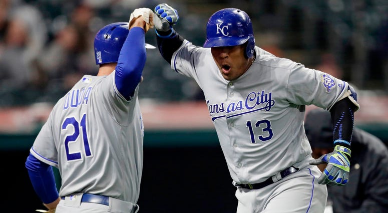 Kansas City Royals' Salvador Perez, right, and Lucas Duda celebrate after Perez hit a two-run home run off Cleveland Indians relief pitcher Andrew Miller during the seventh inning of a baseball game Friday, May 11, 2018, in Cleveland. Kansas City Royals' Salvador Perez, right, and Lucas Duda celebrate after Perez hit a two-run home run off Cleveland Indians relief pitcher Andrew Miller during the seventh inning of a baseball game Friday, May 11, 2018, in Cleveland.