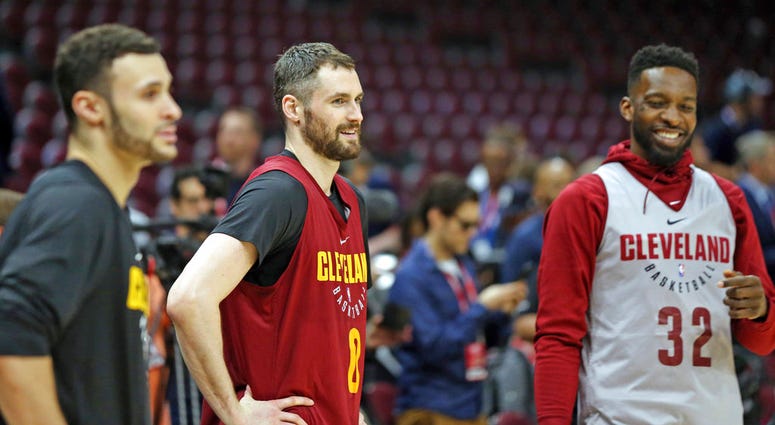 Cleveland Cavaliers forward Larry Nance Jr., center Kevin Love and forward Jeff Green cool down after practice Tuesday, June 5, 2018, at Quicken Loans Arena in Cleveland, Ohio. Cleveland Cavaliers forward Larry Nance Jr., center Kevin Love and forward Jeff Green cool down after practice Tuesday, June 5, 2018, at Quicken Loans Arena in Cleveland, Ohio.