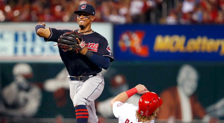 St. Louis Cardinals' Harrison Bader is out at second as Cleveland Indians shortstop Francisco Lindor, right, turns the double play during the second inning of a baseball game Monday, June 25, 2018, in St. Louis. The Cardinals' Kolten Wong was out at first St. Louis Cardinals' Harrison Bader is out at second as Cleveland Indians shortstop Francisco Lindor, right, turns the double play during the second inning of a baseball game Monday, June 25, 2018, in St. Louis. The Cardinals' Kolten Wong was out at first