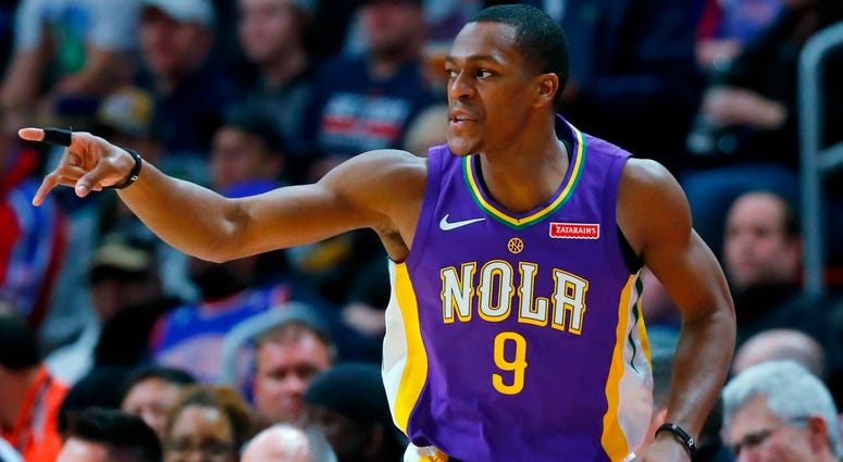 In this Feb. 12, 2018 file photo, New Orleans Pelicans guard Rajon Rondo (9) plays against the Detroit Pistons in the first half of an NBA basketball game in Detroit. Even when their respective teams were vicious rivals, Rondo often gave LeBron James high In this Feb. 12, 2018 file photo, New Orleans Pelicans guard Rajon Rondo (9) plays against the Detroit Pistons in the first half of an NBA basketball game in Detroit. Even when their respective teams were vicious rivals, Rondo often gave LeBron James high