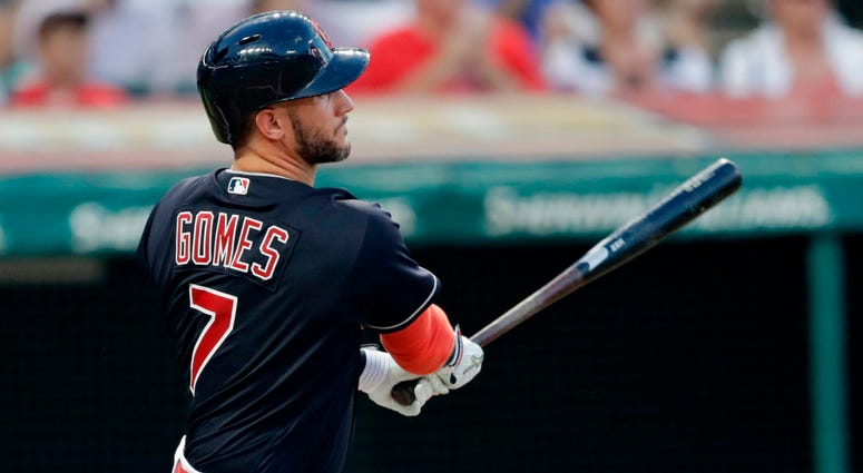 Cleveland Indians' Yan Gomes hits an one-run double off Tampa Bay Rays starting pitcher Blake Snell in the second inning of a baseball game, Saturday, Sept. 1, 2018, in Cleveland. Cleveland Indians' Yan Gomes hits an one-run double off Tampa Bay Rays starting pitcher Blake Snell in the second inning of a baseball game, Saturday, Sept. 1, 2018, in Cleveland.