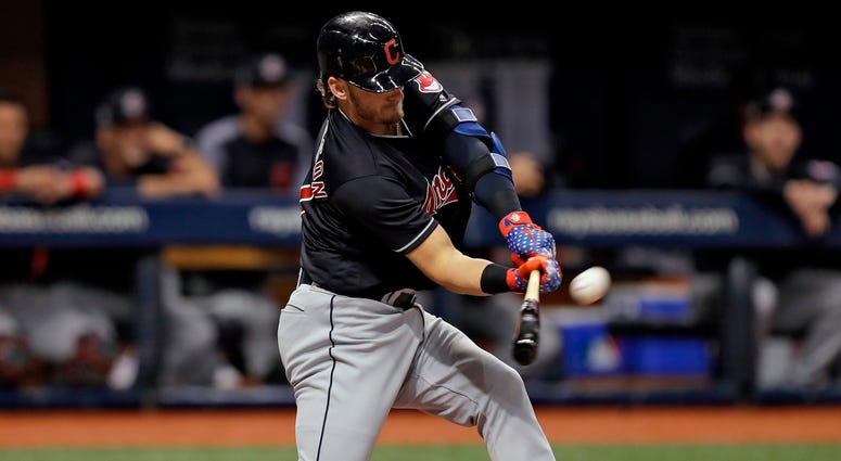 Cleveland Indians' Josh Donaldson flies out against Tampa Bay Rays pitcher Tyler Glasnow in his Indians' debut during the first inning of a baseball game Tuesday, Sept. 11, 2018, in St. Petersburg, Fla. Cleveland Indians' Josh Donaldson flies out against Tampa Bay Rays pitcher Tyler Glasnow in his Indians' debut during the first inning of a baseball game Tuesday, Sept. 11, 2018, in St. Petersburg, Fla.